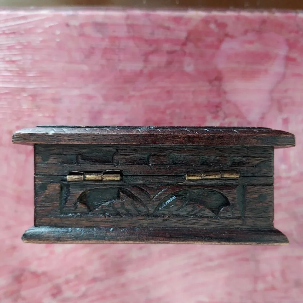 Sarinah Carved Wood Hinged Trinket Box-Peacock Carved into the Lid